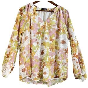 BTFBM Women's Peasant Floral V-Neck Long Sleeve Lined Top Size L Multicolor NWOT